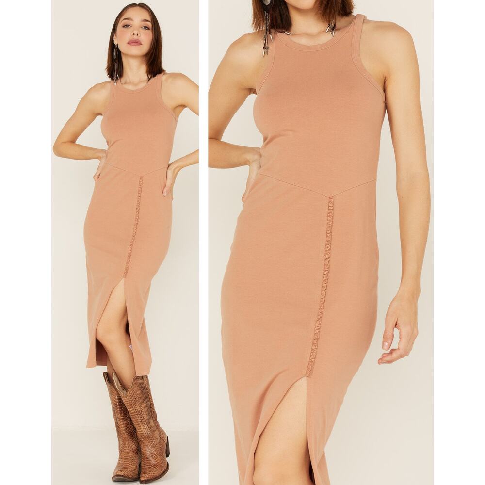 Cleo Wolf NEW Split Side Halter Tank Midi Bodycon Dress Beige Khaki Womens Large